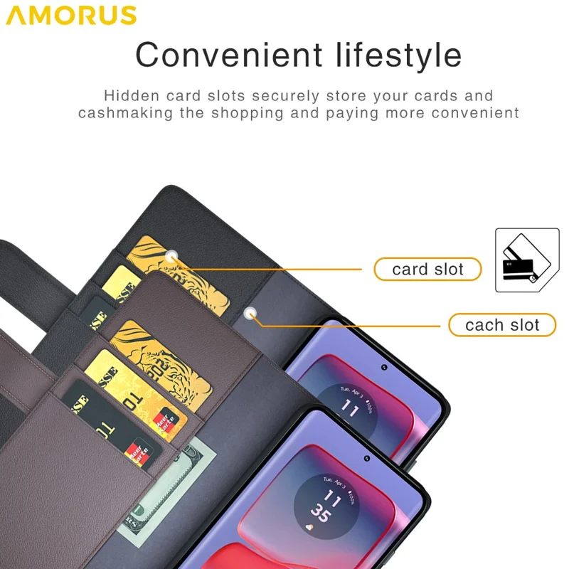 AMORUS For Motorola Edge 50 Pro 5G Stand Cases Calf Texture Genuine Split Leather Wallet Phone Cover - Black