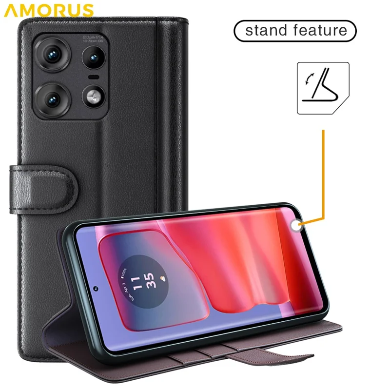 AMORUS For Motorola Edge 50 Pro 5G Stand Cases Calf Texture Genuine Split Leather Wallet Phone Cover - Black