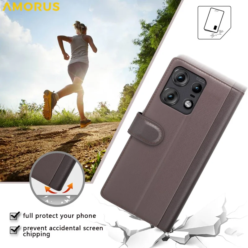 AMORUS For Motorola Edge 50 Pro 5G Stand Cases Calf Texture Genuine Split Leather Wallet Phone Cover - Black