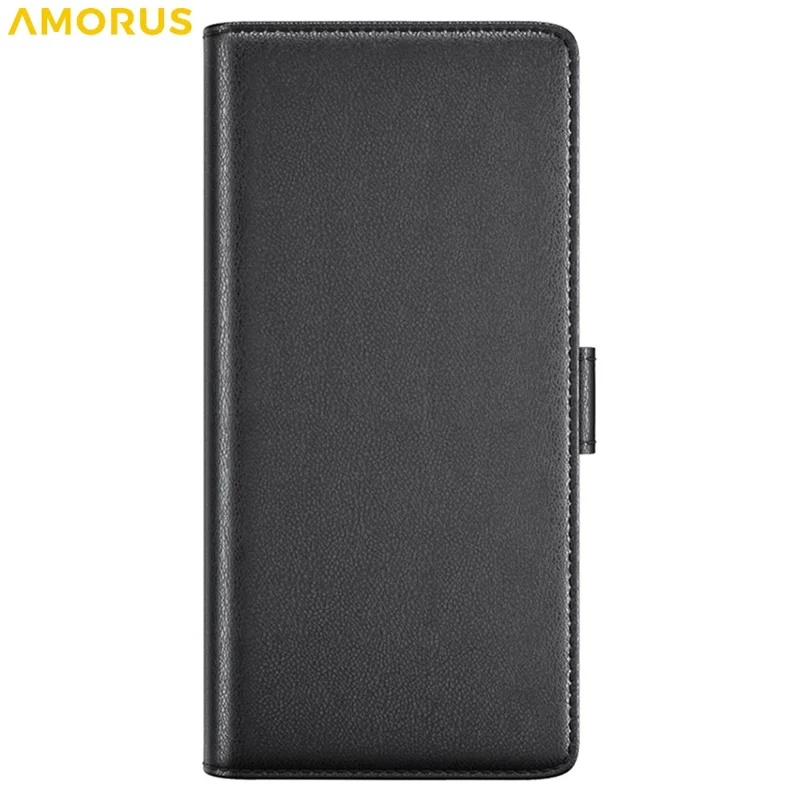 AMORUS For Motorola Edge 50 Pro 5G Stand Cases Calf Texture Genuine Split Leather Wallet Phone Cover - Black