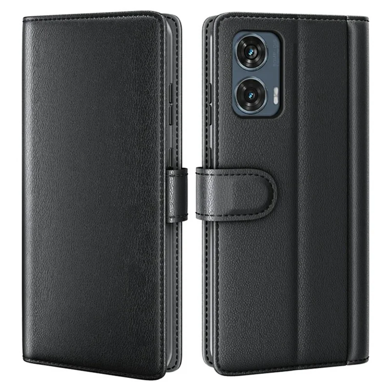AMORUS For Motorola Edge 50 Fusion Stand Cases Calf Texture Genuine Split Leather Wallet Phone Cover - Black