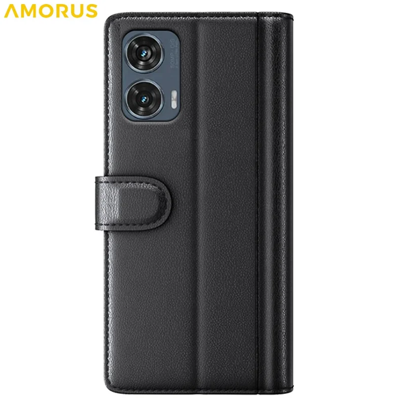 AMORUS For Motorola Edge 50 Fusion Stand Cases Calf Texture Genuine Split Leather Wallet Phone Cover - Black