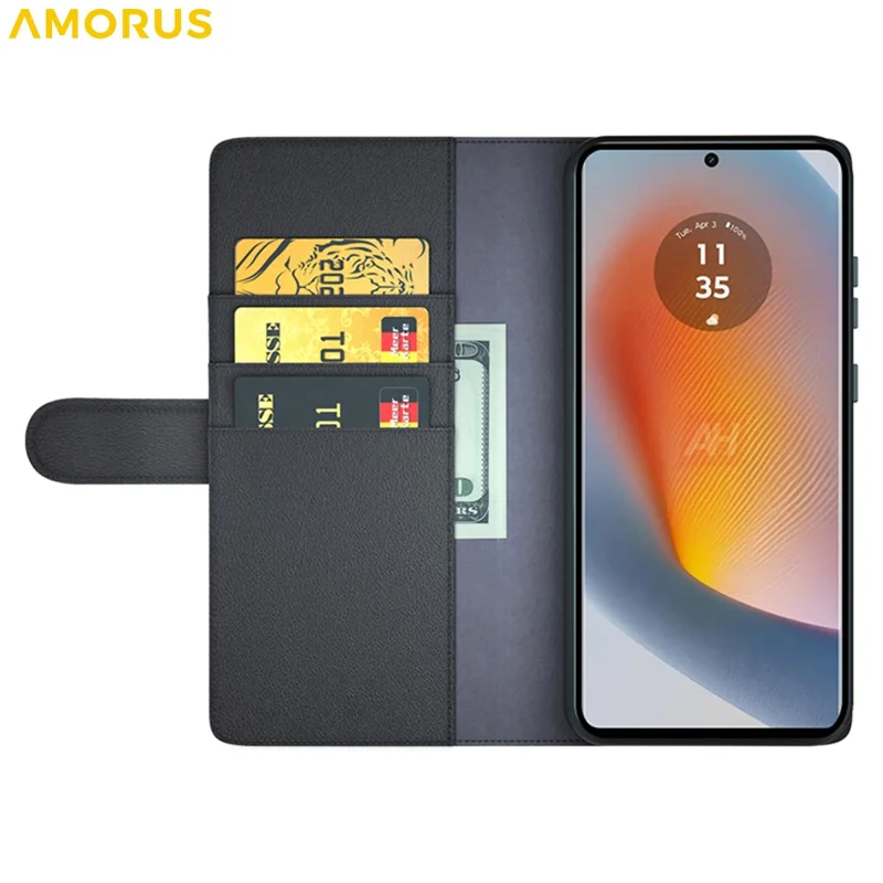 AMORUS For Motorola Edge 50 Fusion Stand Cases Calf Texture Genuine Split Leather Wallet Phone Cover - Black