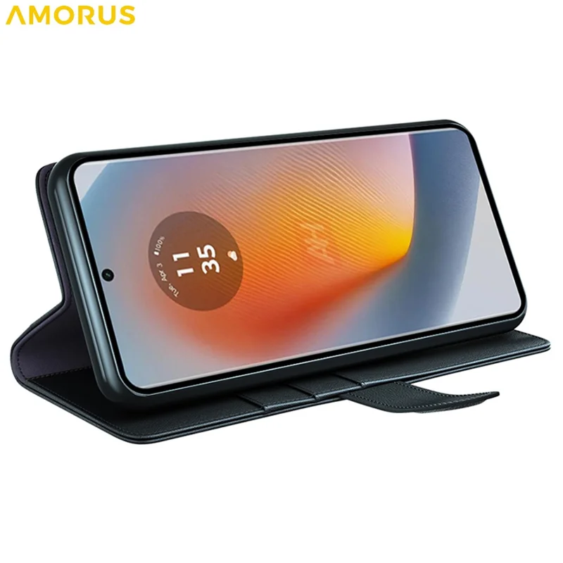 AMORUS For Motorola Edge 50 Fusion Stand Cases Calf Texture Genuine Split Leather Wallet Phone Cover - Black