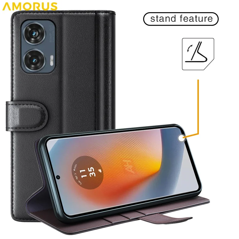 AMORUS For Motorola Edge 50 Fusion Stand Cases Calf Texture Genuine Split Leather Wallet Phone Cover - Black