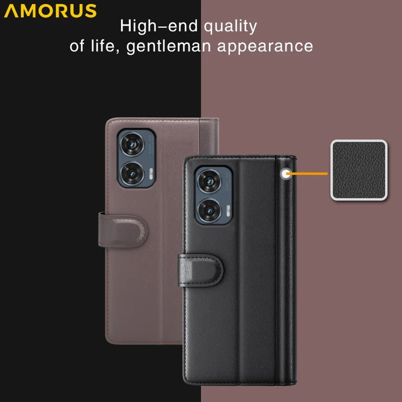 AMORUS For Motorola Edge 50 Fusion Stand Cases Calf Texture Genuine Split Leather Wallet Phone Cover - Black