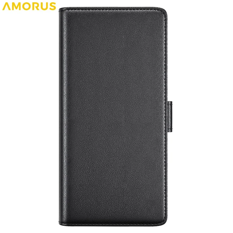AMORUS For Motorola Edge 50 Fusion Stand Cases Calf Texture Genuine Split Leather Wallet Phone Cover - Black