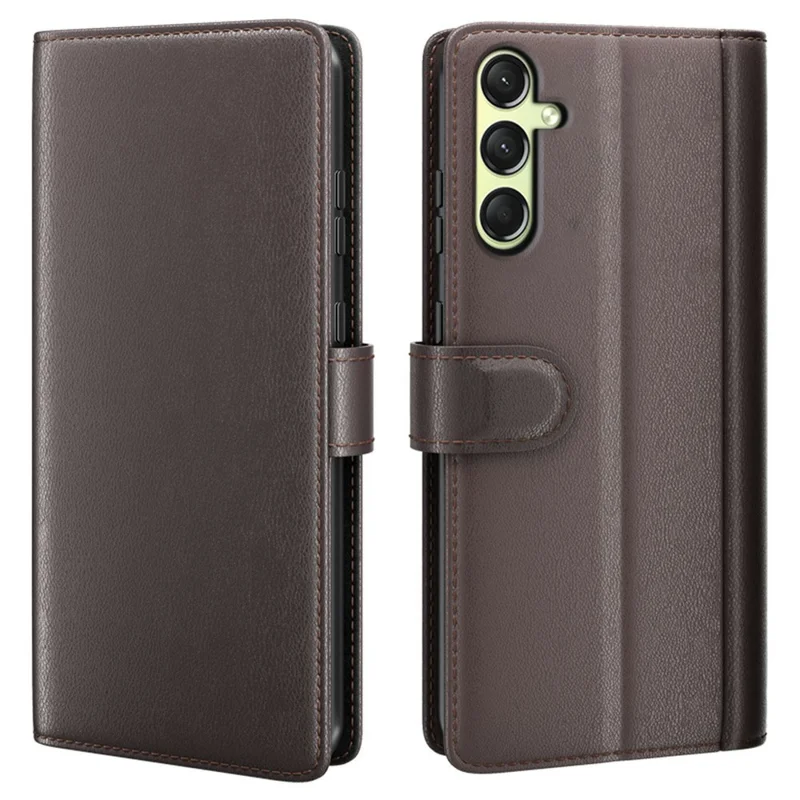 AMORUS For Samsung Galaxy A16 5G / 4G Stand Cases Calf Texture Genuine Split Leather Wallet Phone Cover - Brown