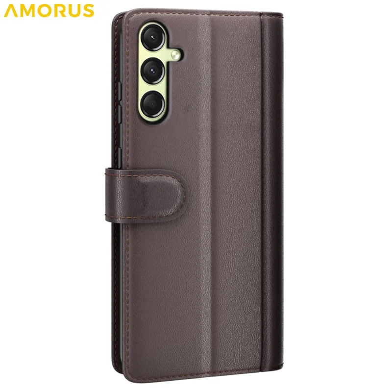 AMORUS For Samsung Galaxy A16 5G / 4G Stand Cases Calf Texture Genuine Split Leather Wallet Phone Cover - Brown