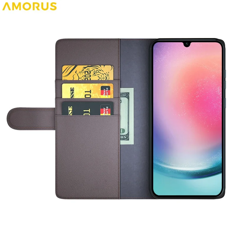 AMORUS For Samsung Galaxy A16 5G / 4G Stand Cases Calf Texture Genuine Split Leather Wallet Phone Cover - Brown