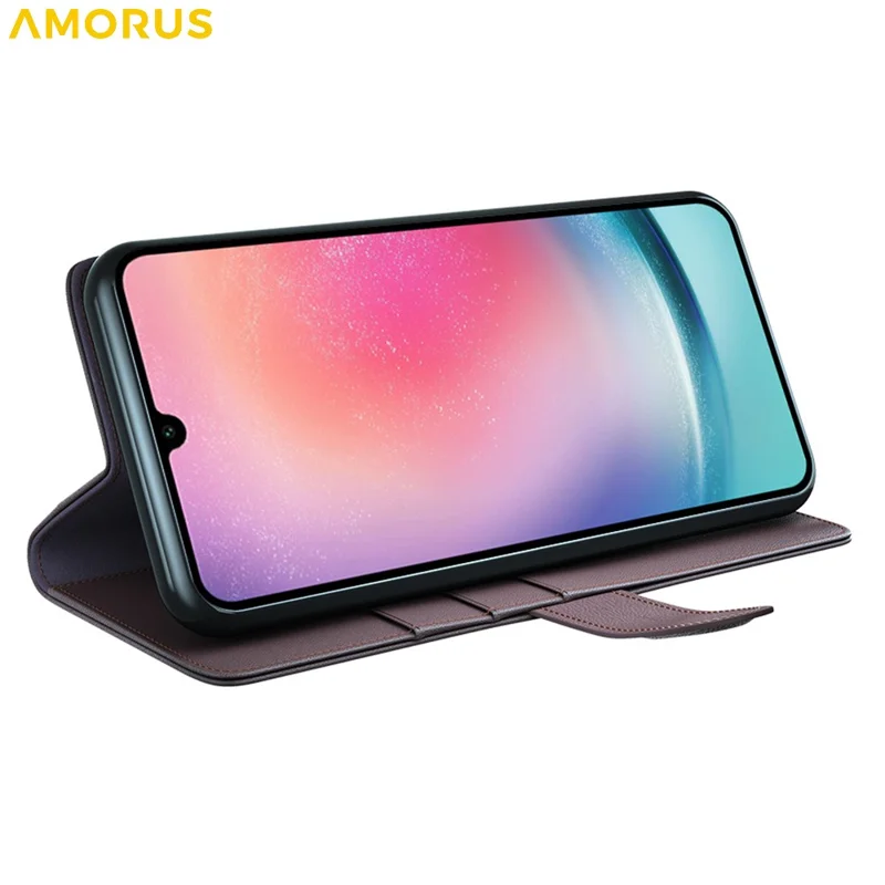 AMORUS For Samsung Galaxy A16 5G / 4G Stand Cases Calf Texture Genuine Split Leather Wallet Phone Cover - Brown
