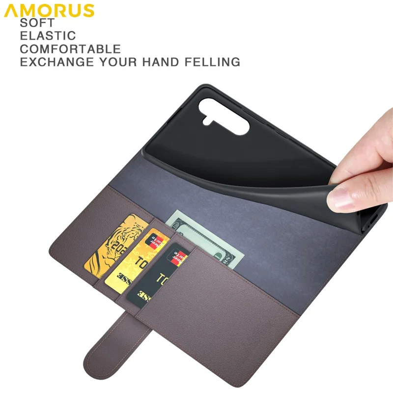 AMORUS For Samsung Galaxy A16 5G / 4G Stand Cases Calf Texture Genuine Split Leather Wallet Phone Cover - Brown
