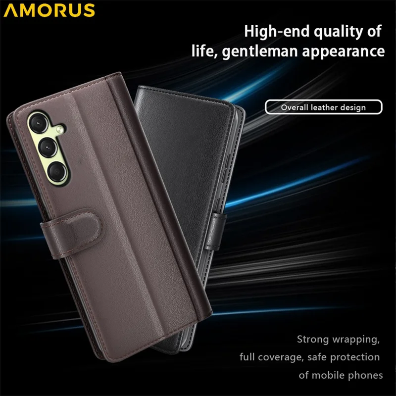 AMORUS For Samsung Galaxy A16 5G / 4G Stand Cases Calf Texture Genuine Split Leather Wallet Phone Cover - Brown