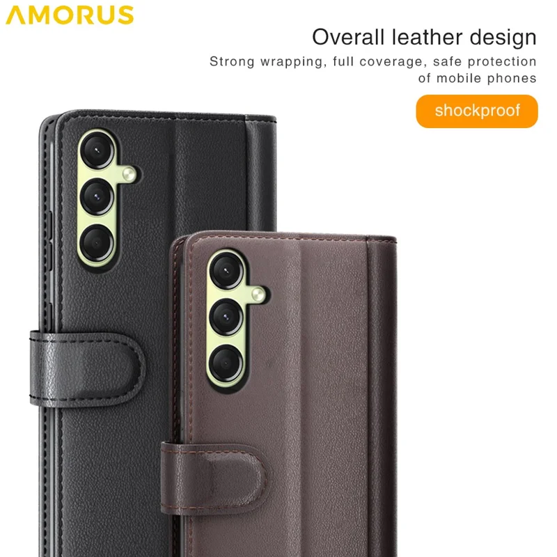 AMORUS For Samsung Galaxy A16 5G / 4G Stand Cases Calf Texture Genuine Split Leather Wallet Phone Cover - Brown