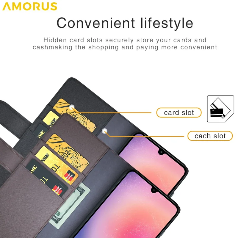 AMORUS For Samsung Galaxy A16 5G / 4G Stand Cases Calf Texture Genuine Split Leather Wallet Phone Cover - Brown