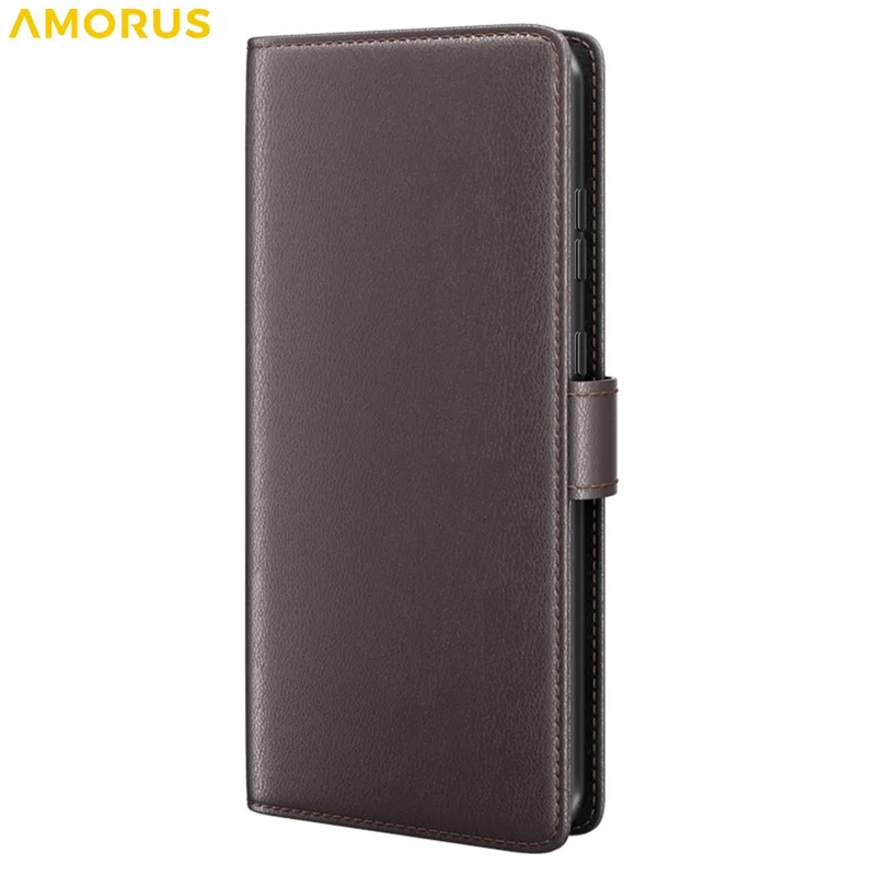 AMORUS For Samsung Galaxy A16 5G / 4G Stand Cases Calf Texture Genuine Split Leather Wallet Phone Cover - Brown