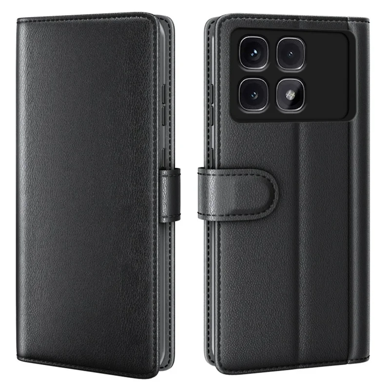 AMORUS Pour Xiaomi Redmi K70 Ultra Étuis de Support Texture de Veau Véritable Cuir Fendu Portefeuille Étui de Téléphone - Noir