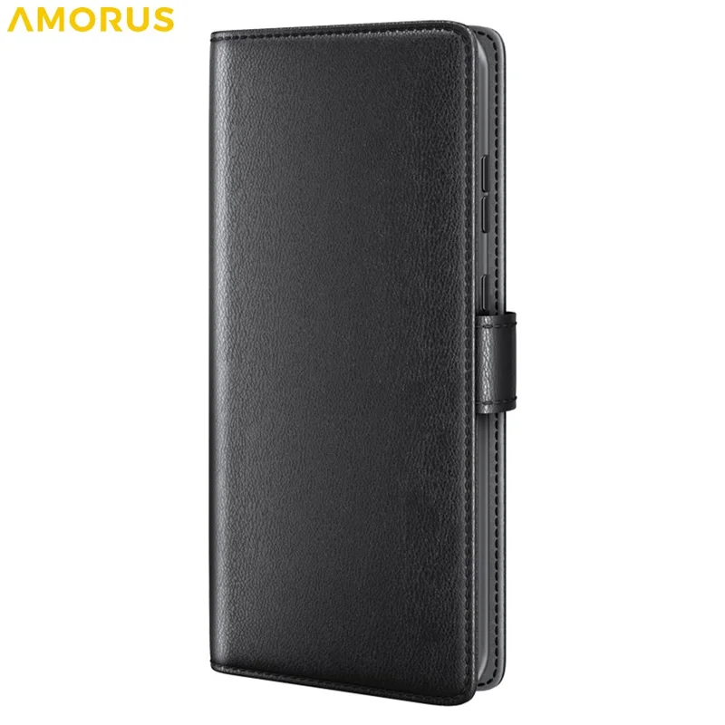 AMORUS Pour Xiaomi Redmi K70 Ultra Étuis de Support Texture de Veau Véritable Cuir Fendu Portefeuille Étui de Téléphone - Noir