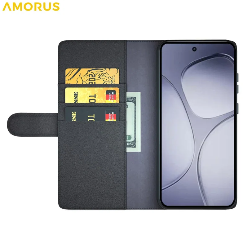 AMORUS Pour Xiaomi Redmi K70 Ultra Étuis de Support Texture de Veau Véritable Cuir Fendu Portefeuille Étui de Téléphone - Noir