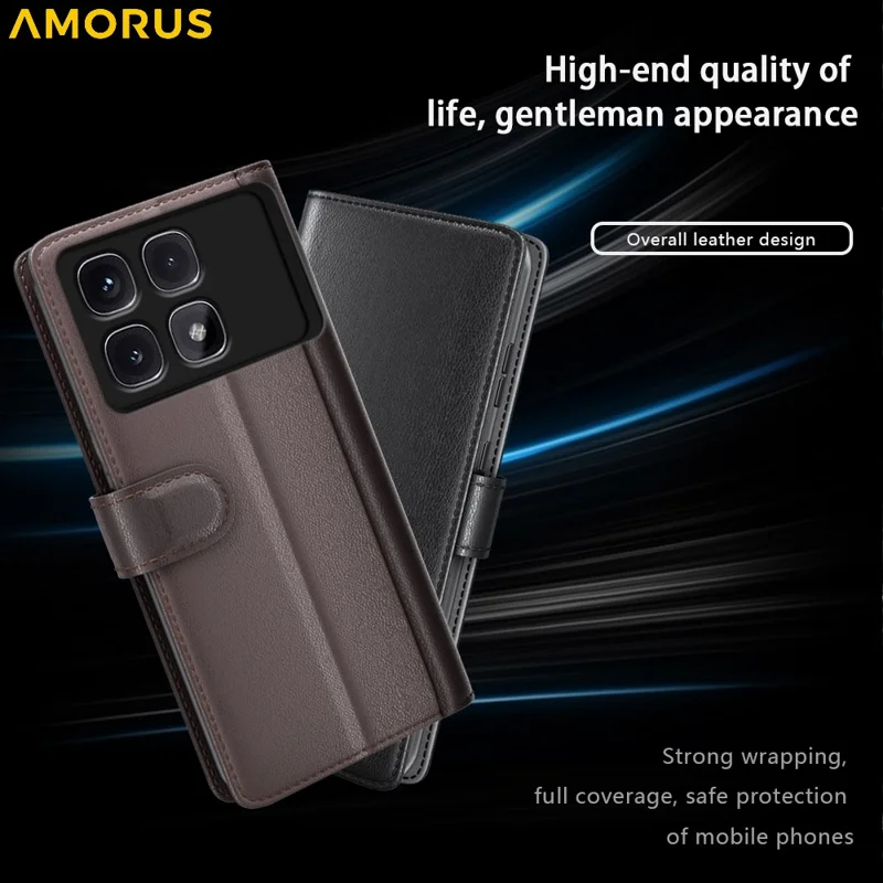 AMORUS Pour Xiaomi Redmi K70 Ultra Étuis de Support Texture de Veau Véritable Cuir Fendu Portefeuille Étui de Téléphone - Noir