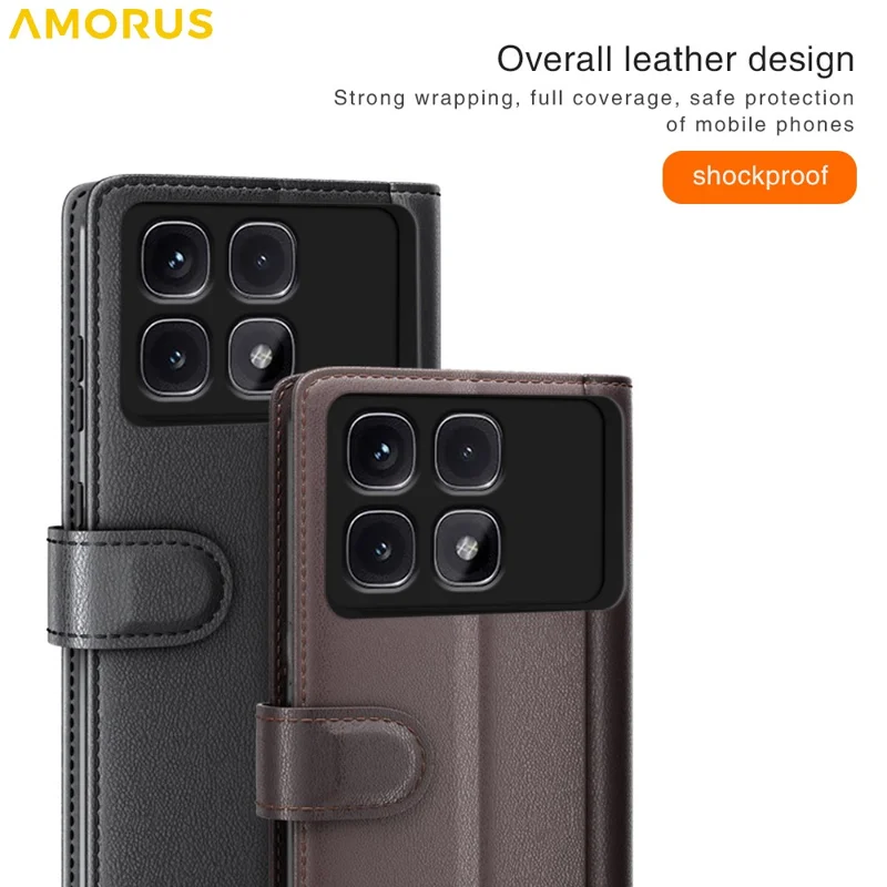AMORUS Pour Xiaomi Redmi K70 Ultra Étuis de Support Texture de Veau Véritable Cuir Fendu Portefeuille Étui de Téléphone - Noir