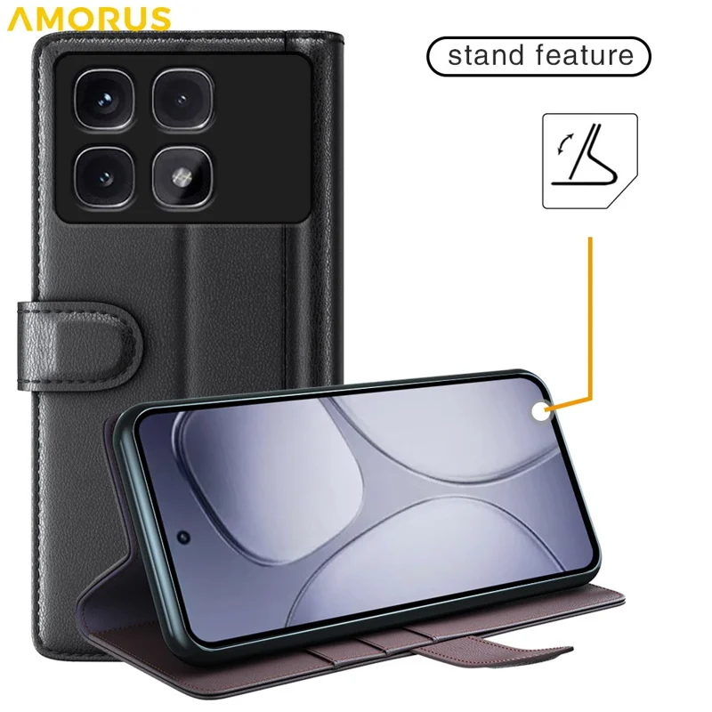 AMORUS Pour Xiaomi Redmi K70 Ultra Étuis de Support Texture de Veau Véritable Cuir Fendu Portefeuille Étui de Téléphone - Noir