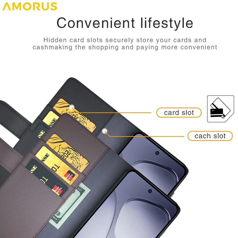 AMORUS Pour Xiaomi Redmi K70 Ultra Étuis de Support Texture de Veau Véritable Cuir Fendu Portefeuille Étui de Téléphone - Noir