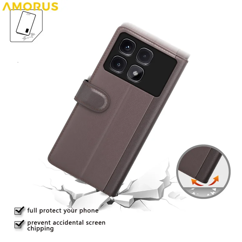 AMORUS Pour Xiaomi Redmi K70 Ultra Étuis de Support Texture de Veau Véritable Cuir Fendu Portefeuille Étui de Téléphone - Noir