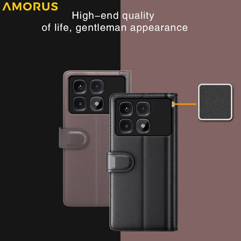 AMORUS Pour Xiaomi Redmi K70 Ultra Étuis de Support Texture de Veau Véritable Cuir Fendu Portefeuille Étui de Téléphone - Noir