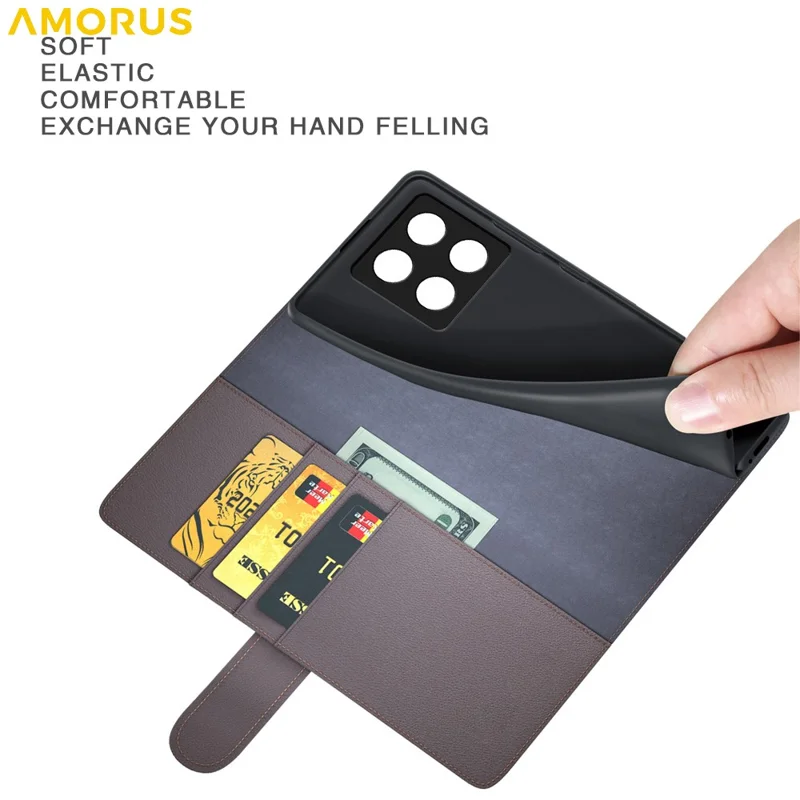 AMORUS For Xiaomi 14T Stand Cases Calf Texture Genuine Split Leather Wallet Phone Cover - Black