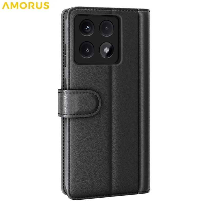 AMORUS For Xiaomi 14T Stand Cases Calf Texture Genuine Split Leather Wallet Phone Cover - Black