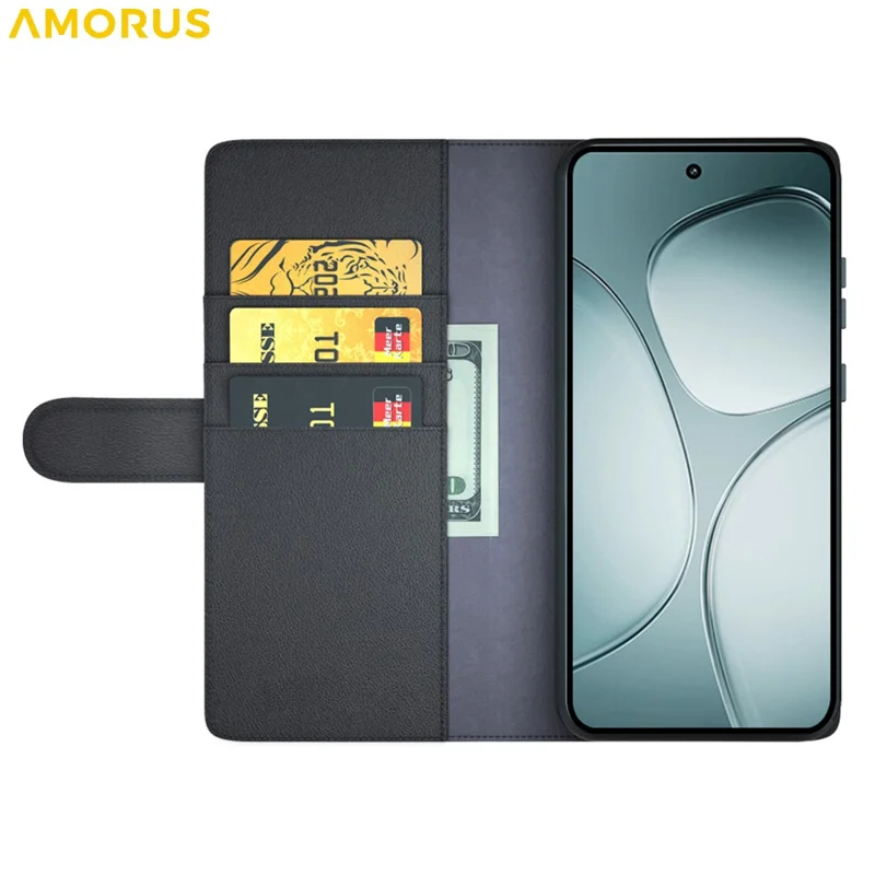 AMORUS For Xiaomi 14T Stand Cases Calf Texture Genuine Split Leather Wallet Phone Cover - Black