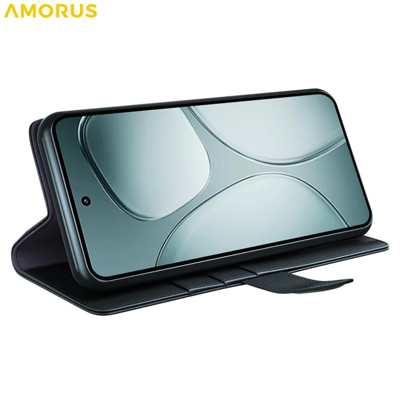 AMORUS For Xiaomi 14T Stand Cases Calf Texture Genuine Split Leather Wallet Phone Cover - Black