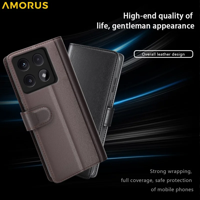 AMORUS For Xiaomi 14T Stand Cases Calf Texture Genuine Split Leather Wallet Phone Cover - Black
