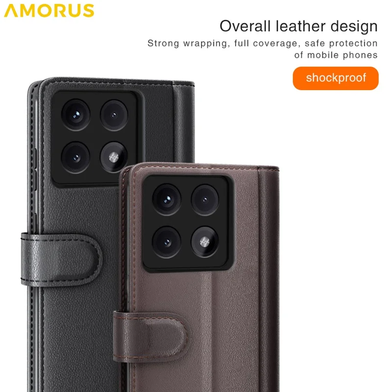 AMORUS For Xiaomi 14T Stand Cases Calf Texture Genuine Split Leather Wallet Phone Cover - Black
