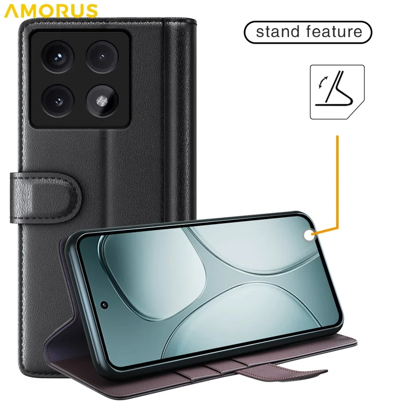 AMORUS For Xiaomi 14T Stand Cases Calf Texture Genuine Split Leather Wallet Phone Cover - Black