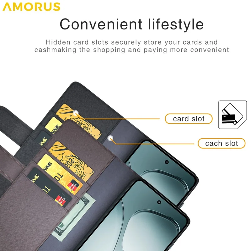 AMORUS For Xiaomi 14T Stand Cases Calf Texture Genuine Split Leather Wallet Phone Cover - Black