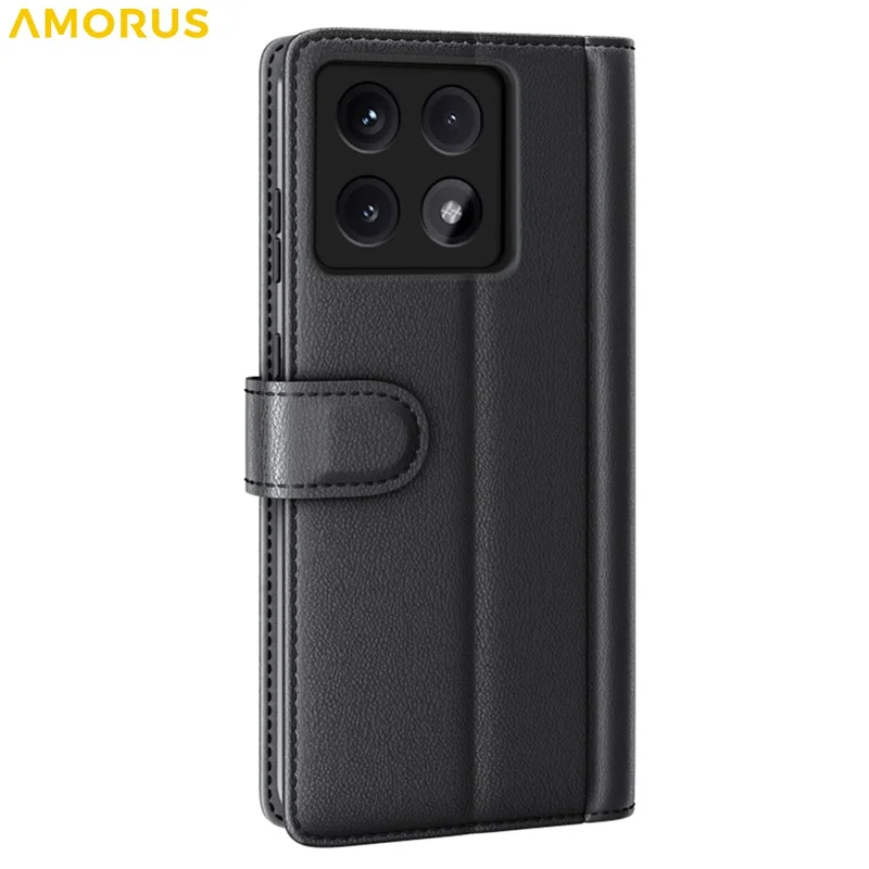 AMORUS For Xiaomi 14T Pro Stand Cases Calf Texture Genuine Split Leather Wallet Phone Cover - Black