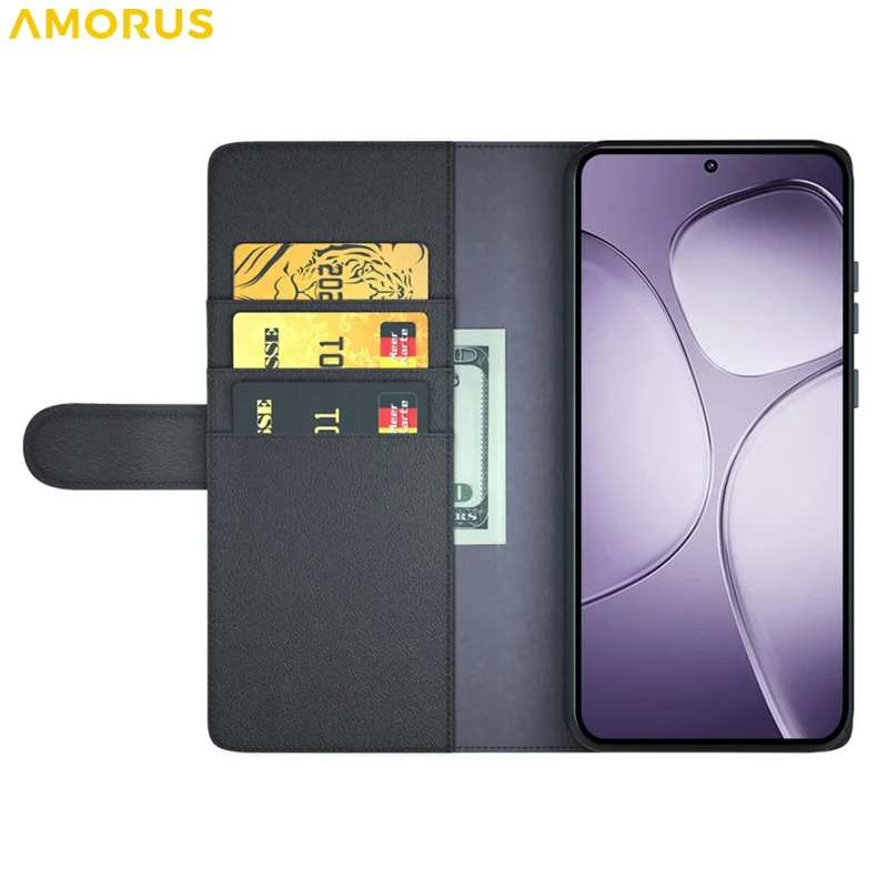 AMORUS For Xiaomi 14T Pro Stand Cases Calf Texture Genuine Split Leather Wallet Phone Cover - Black