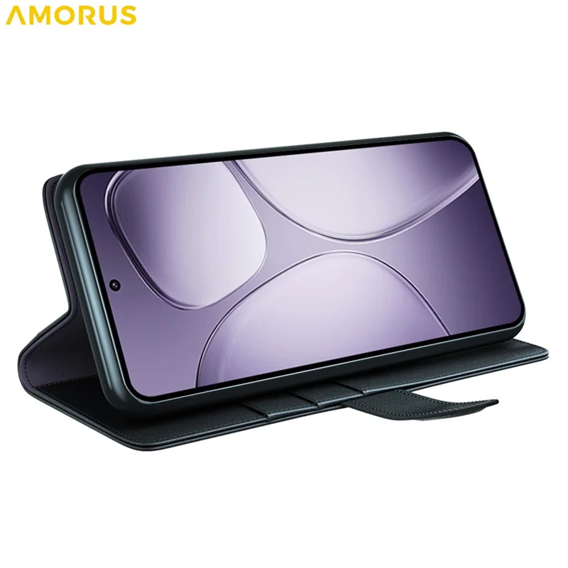 AMORUS For Xiaomi 14T Pro Stand Cases Calf Texture Genuine Split Leather Wallet Phone Cover - Black
