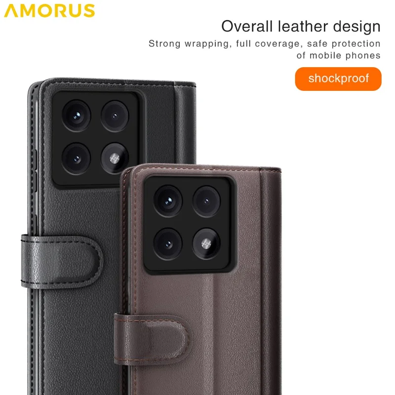 AMORUS For Xiaomi 14T Pro Stand Cases Calf Texture Genuine Split Leather Wallet Phone Cover - Black