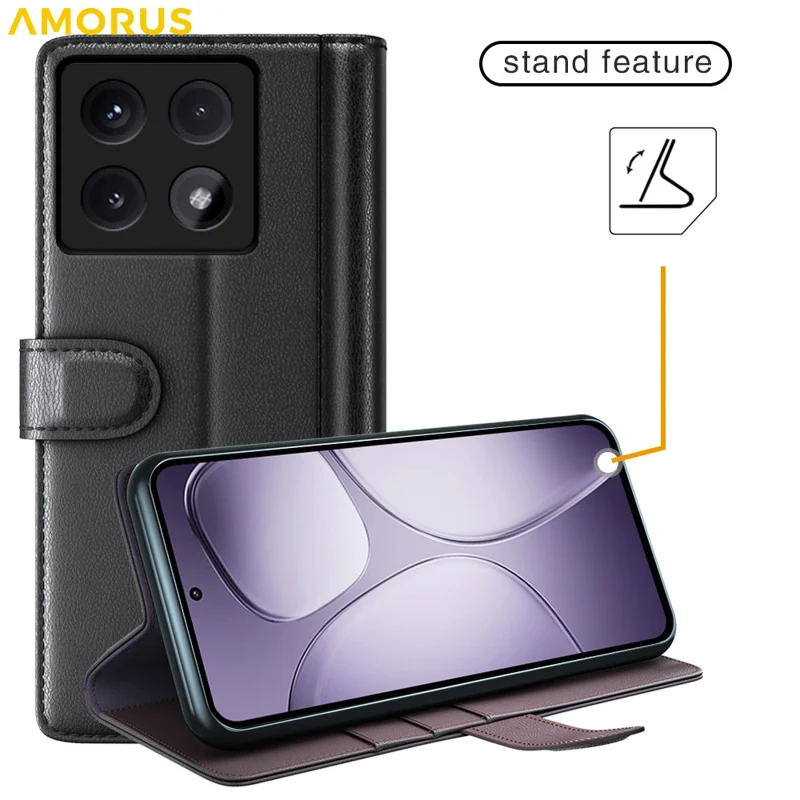 AMORUS For Xiaomi 14T Pro Stand Cases Calf Texture Genuine Split Leather Wallet Phone Cover - Black