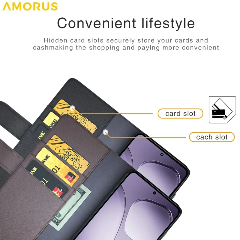 AMORUS For Xiaomi 14T Pro Stand Cases Calf Texture Genuine Split Leather Wallet Phone Cover - Black