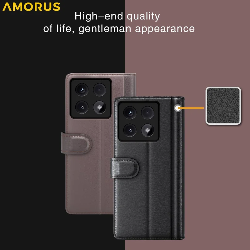 AMORUS For Xiaomi 14T Pro Stand Cases Calf Texture Genuine Split Leather Wallet Phone Cover - Black