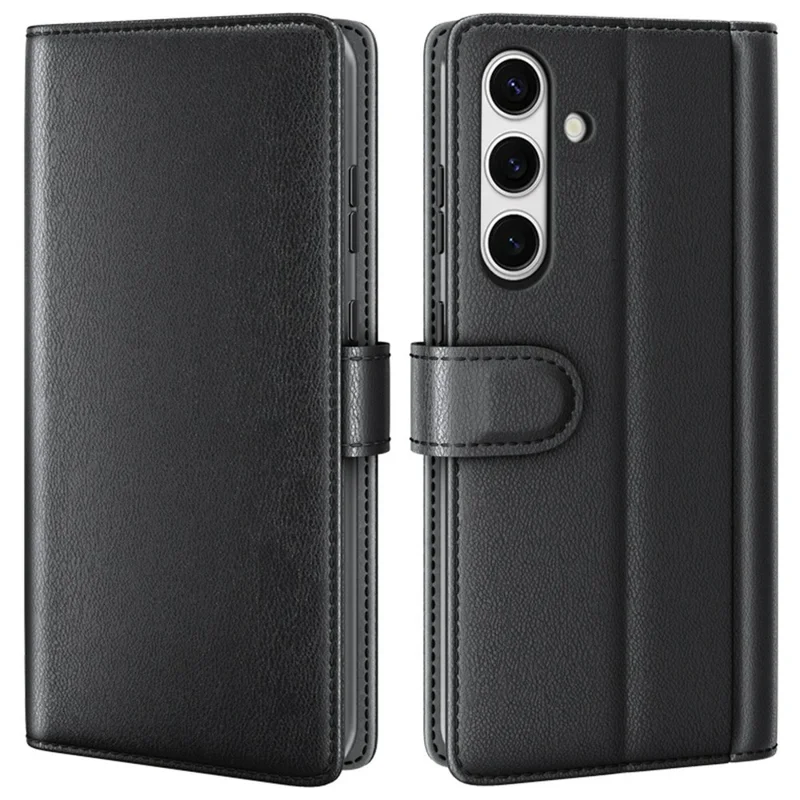 AMORUS For Samsung Galaxy S24 FE Stand Cases Calf Texture Genuine Split Leather Wallet Phone Cover - Black