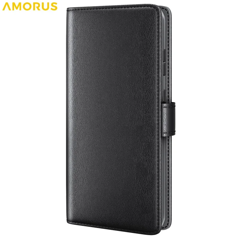 AMORUS For Samsung Galaxy S24 FE Stand Cases Calf Texture Genuine Split Leather Wallet Phone Cover - Black