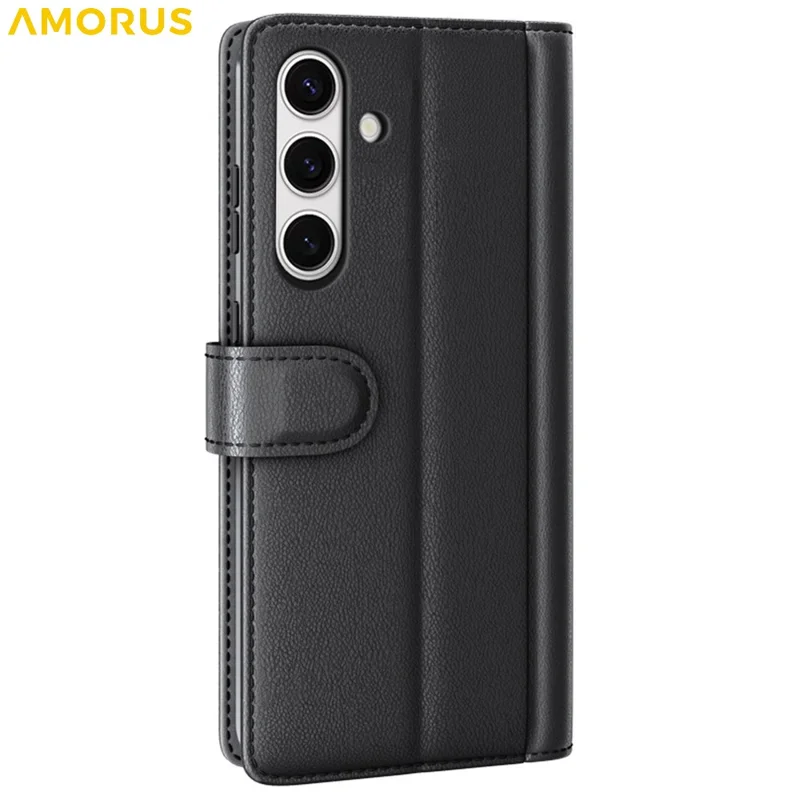 AMORUS For Samsung Galaxy S24 FE Stand Cases Calf Texture Genuine Split Leather Wallet Phone Cover - Black