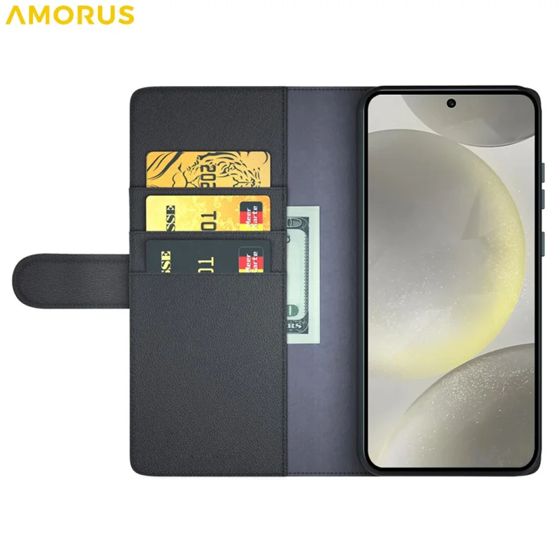 AMORUS For Samsung Galaxy S24 FE Stand Cases Calf Texture Genuine Split Leather Wallet Phone Cover - Black