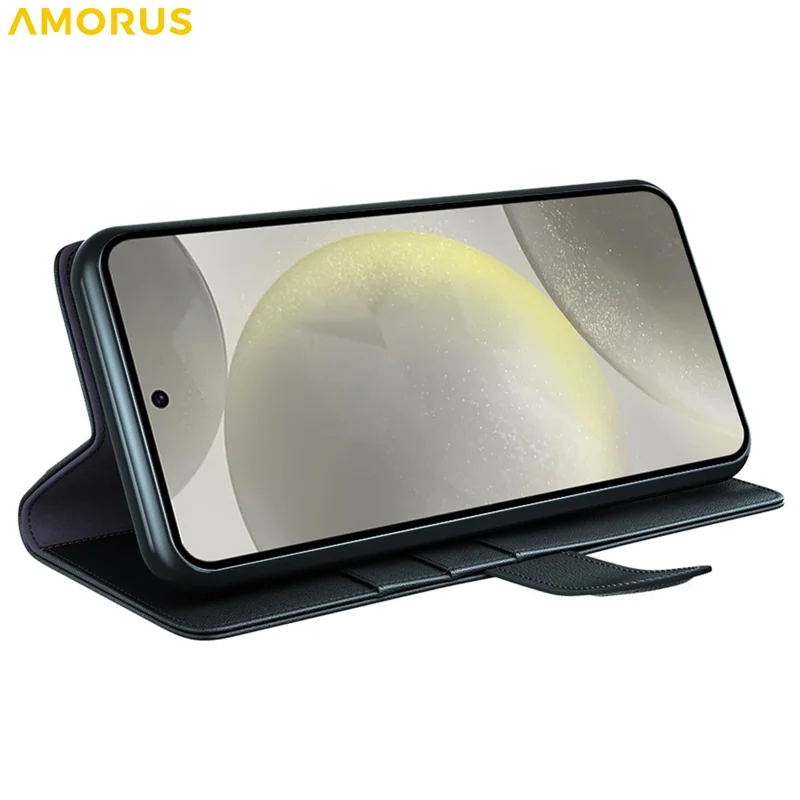 AMORUS For Samsung Galaxy S24 FE Stand Cases Calf Texture Genuine Split Leather Wallet Phone Cover - Black