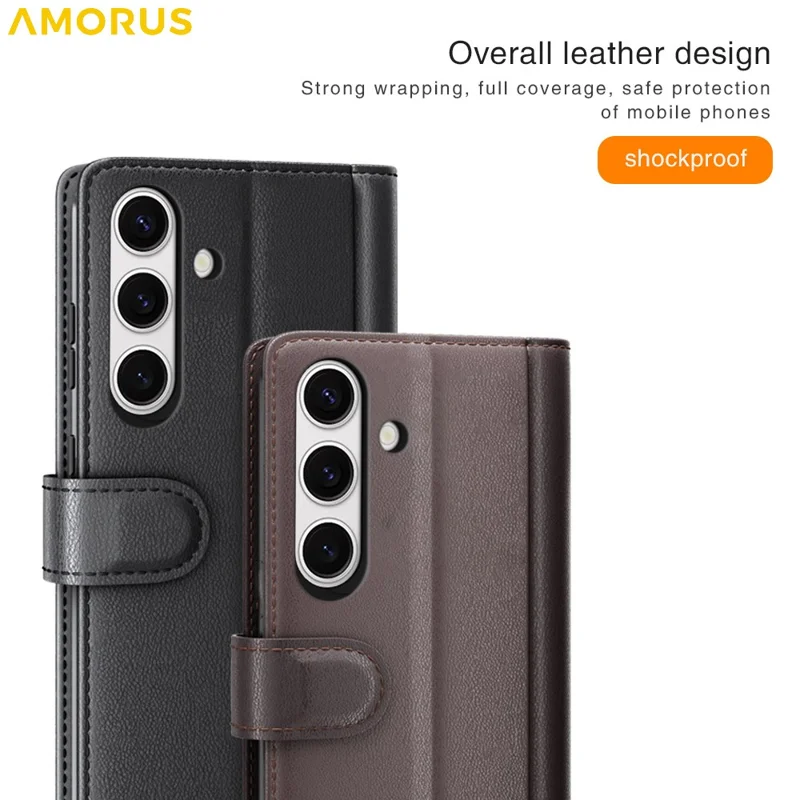 AMORUS For Samsung Galaxy S24 FE Stand Cases Calf Texture Genuine Split Leather Wallet Phone Cover - Black